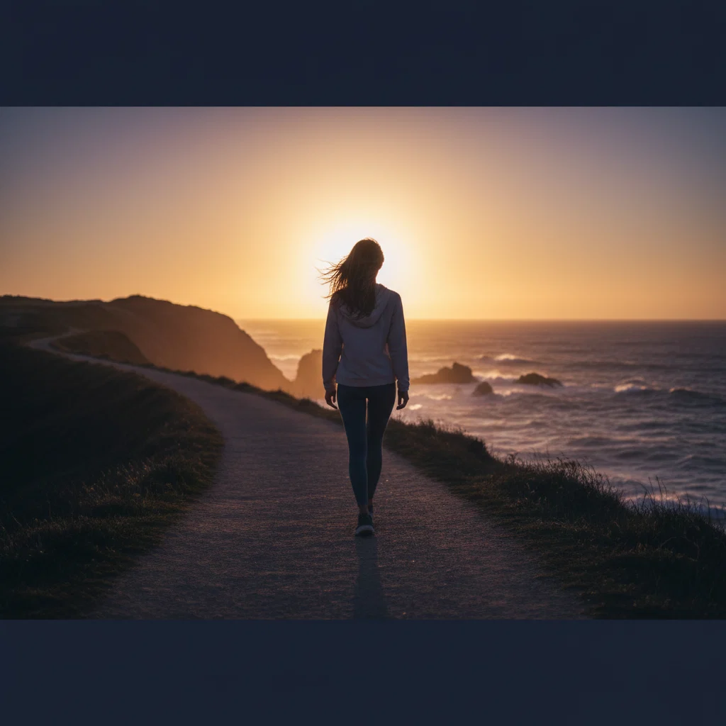 Anonymous person walking along a coastal path at golden hour - active outdoor lifestyle